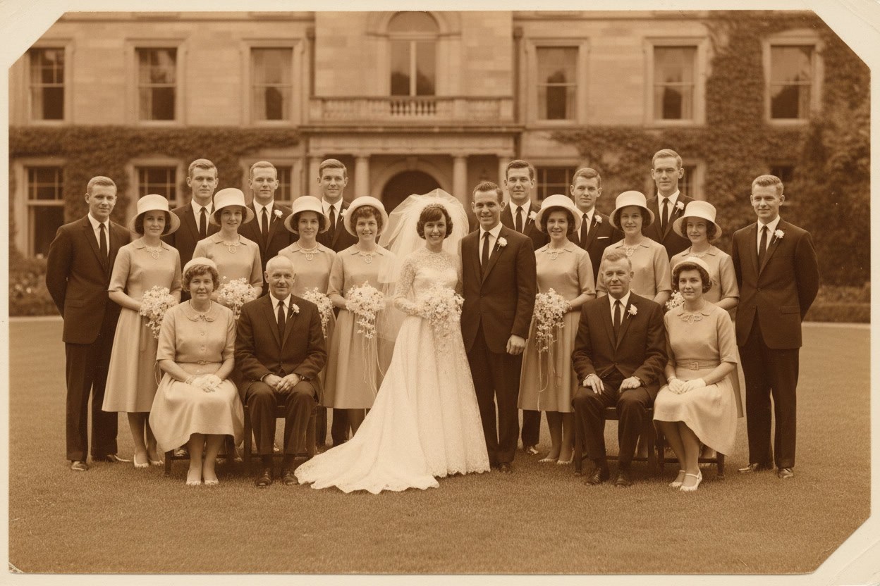 Bir düğün gününden restore edilmiş grup fotoğrafı